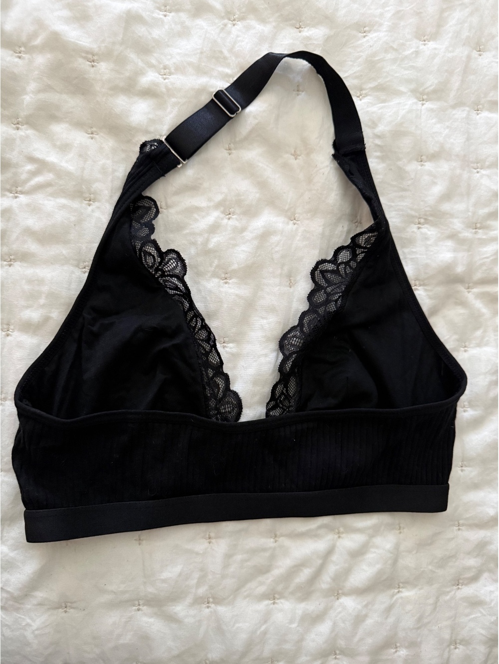 Black Lace Trim Ribbed Bralette with Adjustable Strap and Front Closure